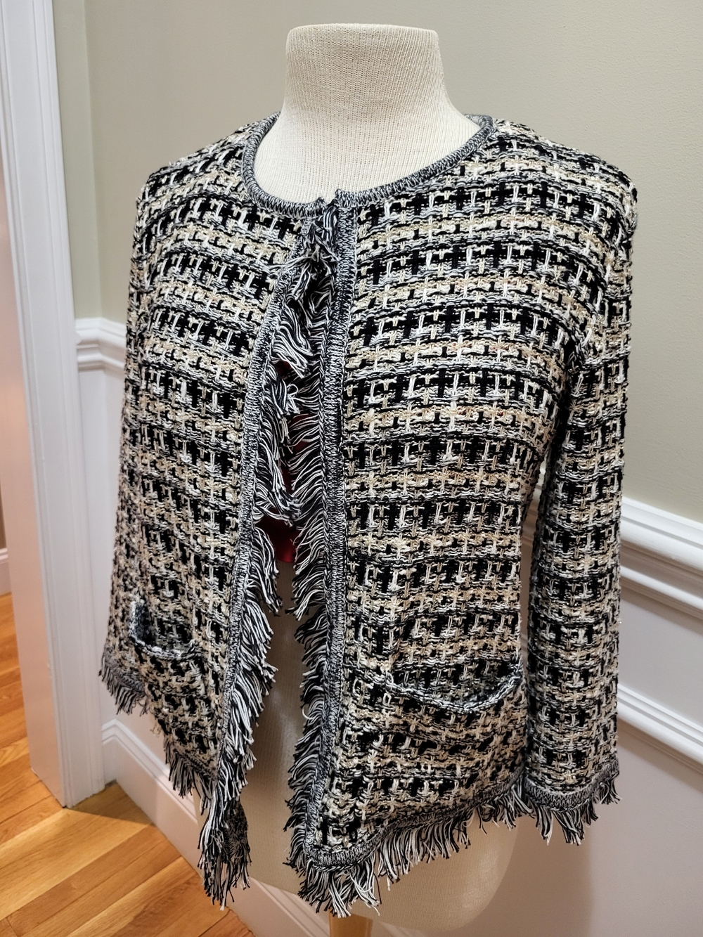 Talbots Black, Gold and Cream Tweed Fringe Jacket